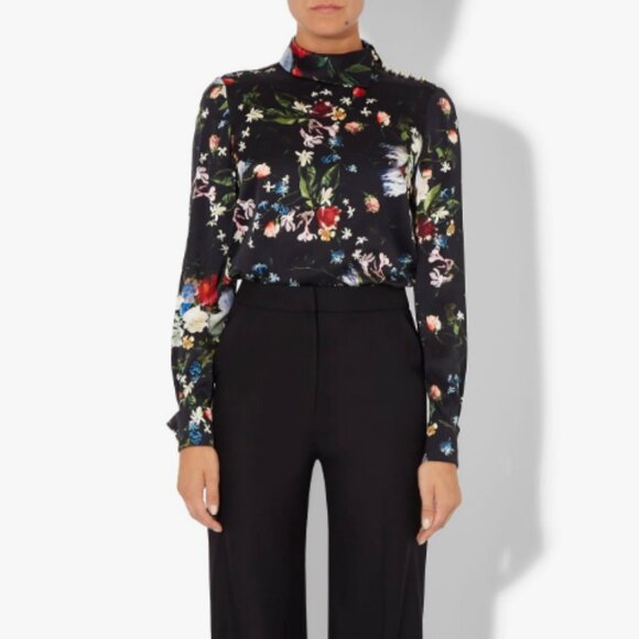 NWT ERDEM silk black floral blouse with gold buttons XS/S - Picture 1 of 9